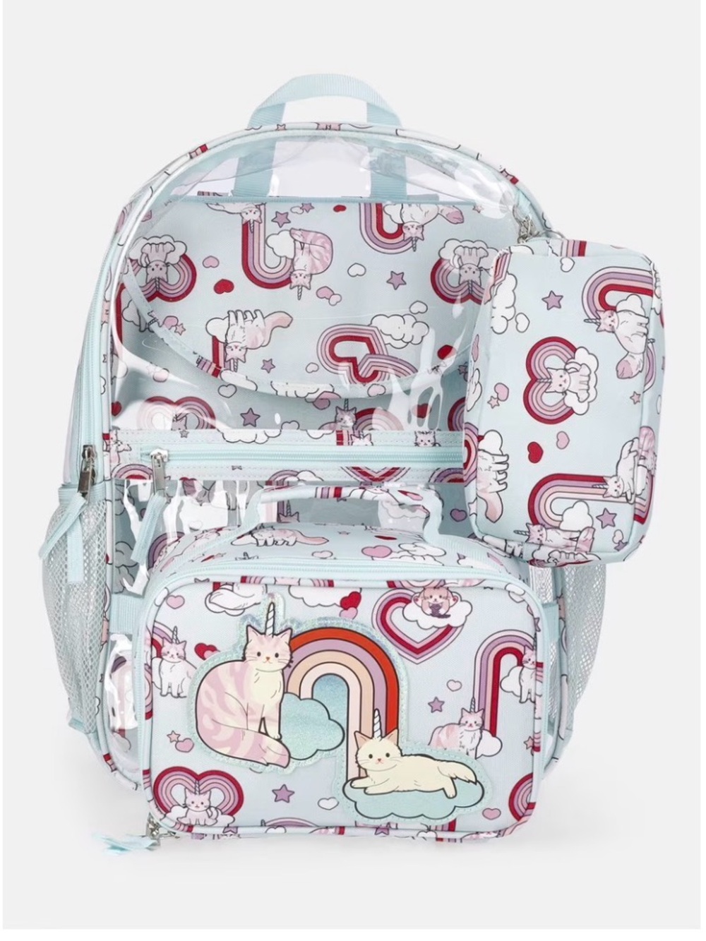 Wonder Nation Caticorn Clear Backpack 17" 4 Piece Set Lunch Bag Laptop Pouch